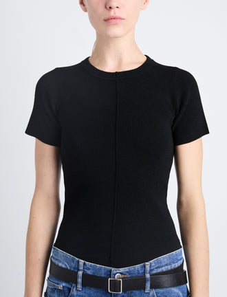 Detail image of model wearing Sky Top In Matte Viscose Rib in BLACK