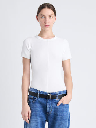 Front cropped image of model wearing Sky Top In Matte Viscose Rib in WHITE