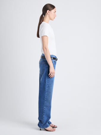 Side full length image of model wearing Sky Top In Matte Viscose Rib in WHITE