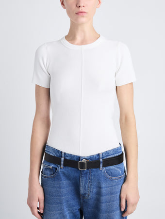 Detail image of model wearing Sky Top In Matte Viscose Rib in WHITE