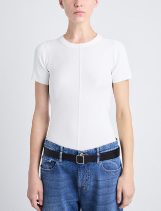 Detail image of model wearing Sky Top In Matte Viscose Rib in WHITE