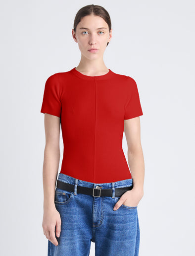 Front cropped image of model wearing Sky Top In Matte Viscose Rib in red