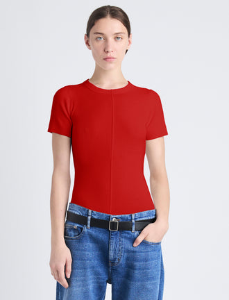 Front cropped image of model wearing Sky Top In Matte Viscose Rib in red