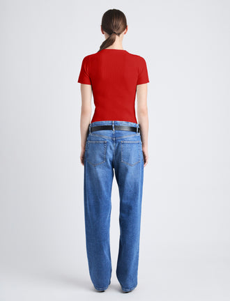 Back image of model wearing Sky Top In Matte Viscose Rib in red