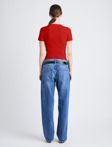 Back image of model wearing Sky Top In Matte Viscose Rib in red
