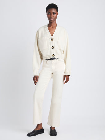 Front full length image of model wearing Sofia Cardigan In Eco Cashmere in IVORY