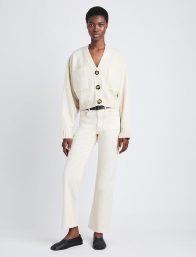 Front full length image of model wearing Sofia Cardigan In Eco Cashmere in IVORY