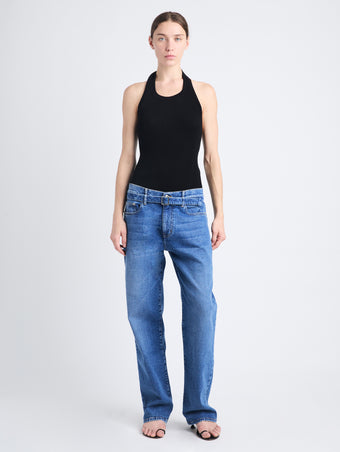 Front image of model in Ellsworth Jean in medium blue