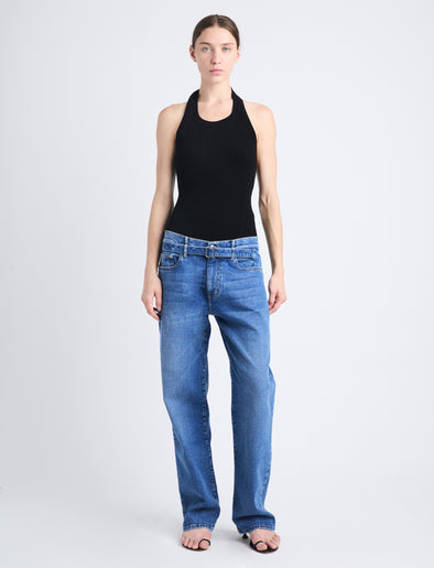 Front image of model in Ellsworth Jean in medium blue