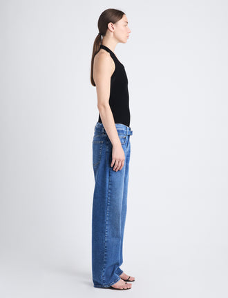 Side image of model in Ellsworth Jean in medium blue