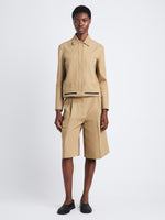 Front full length image of model wearing Wiley Jacket In Cotton Linen in HAZELNUT