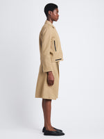 Side full length image of model wearing Wiley Jacket In Cotton Linen in HAZELNUT