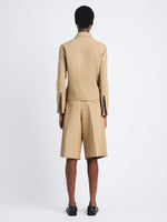 Back full length image of model wearing Wiley Jacket In Cotton Linen in HAZELNUT