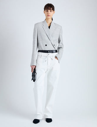 Front image of model wearing Hadley Jacket in Melange Viscose Linen Suiting in GREY MULTI