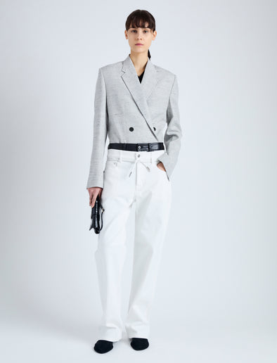 Front image of model wearing Hadley Jacket in Melange Viscose Linen Suiting in GREY MULTI