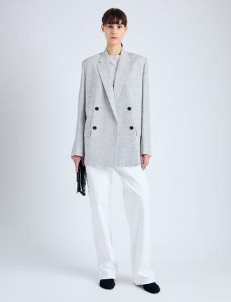 Front image of model wearing Hadley Jacket in Melange Viscose Linen Suiting in GREY MULTI