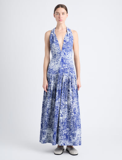 Front full length image of model wearing Simone Dress In Printed Viscose Crepe in COBALT MULTI