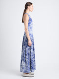 Side full length image of model wearing Simone Dress In Printed Viscose Crepe in COBALT MULTI