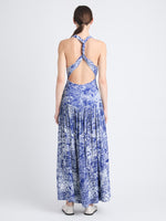 Back full length image of model wearing Simone Dress In Printed Viscose Crepe in COBALT MULTI