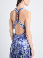 Detail image of model wearing Simone Dress In Printed Viscose Crepe in COBALT MULTI