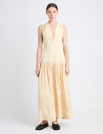 Front full length image of model wearing Simone Dress In Printed Viscose Crepe in YELLOW MULTI