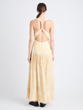 Back full length image of model wearing Simone Dress In Printed Viscose Crepe in YELLOW MULTI