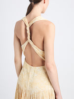 Detail image of model wearing Simone Dress In Printed Viscose Crepe in YELLOW MULTI