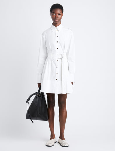 Front full length image of model wearing Viola Dress In Compact Poplin in WHITE