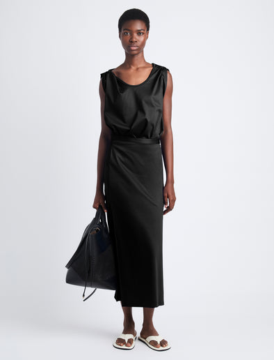 Front image of model wearing Lynn Dress in Eco Cotton Jersey in black