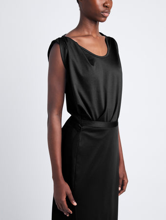Detail image of model wearing Lynn Dress in Eco Cotton Jersey in black