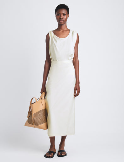 Front image of model wearing Lynn Dress in Eco Cotton Jersey in bone