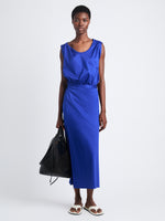 Front full length image of model wearing Lynn Dress In Eco Cotton Jersey in COBALT