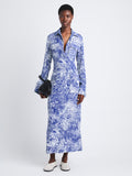 Side full length image of model wearing Vanessa Dress In Printed Viscose Crepe in COBALT MULTI