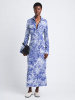 Side full length image of model wearing Vanessa Dress In Printed Viscose Crepe in COBALT MULTI