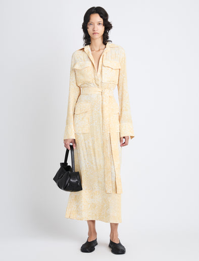 Front full length image of model wearing Vanessa Dress In Printed Viscose Crepe in YELLOW MULTI