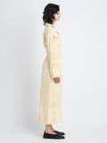 Side full length image of model wearing Vanessa Dress In Printed Viscose Crepe in YELLOW MULTI