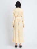 Back full length image of model wearing Vanessa Dress In Printed Viscose Crepe in YELLOW MULTI