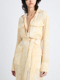 Detail image of model wearing Vanessa Dress In Printed Viscose Crepe in YELLOW MULTI