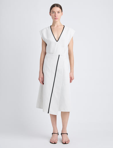Front full length image of model wearing Monir Dress In Cotton Linen in ECRU