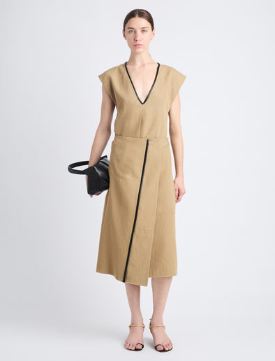 Front full length image of model wearing Monir Dress In Cotton Linen in HAZELNUT