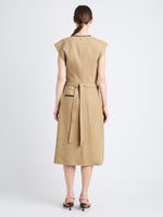 Back full length image of model wearing Monir Dress In Cotton Linen in HAZELNUT