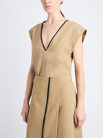 Detail image of model wearing Monir Dress In Cotton Linen in HAZELNUT
