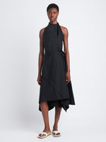 Front full length image of model wearing Yoko Dress In Compact Poplin in BLACK