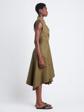 Side full length image of model wearing Yoko Dress In Compact Poplin in WOOD
