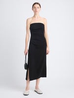 Front image of model wearing Shira Strapless Dress In Matte Viscose Crepe in black
