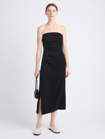 Front image of model wearing Shira Strapless Dress In Matte Viscose Crepe in black