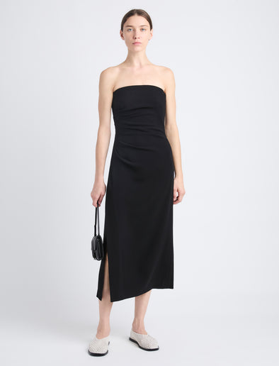 Front image of model wearing Shira Strapless Dress In Matte Viscose Crepe in black