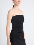 Detail image of model wearing Shira Strapless Dress In Matte Viscose Crepe in black