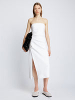 Front image of model wearing Shira Strapless Dress in Matte Viscose Crepe in white