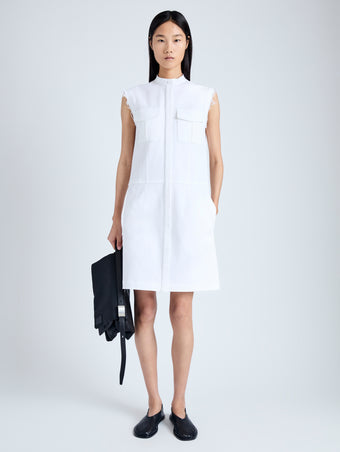 Front full length image of model wearing Erica Dress in Organic Cotton Twill Suiting in OFF WHITE